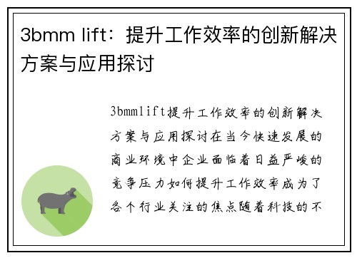 3bmm lift：提升工作效率的创新解决方案与应用探讨