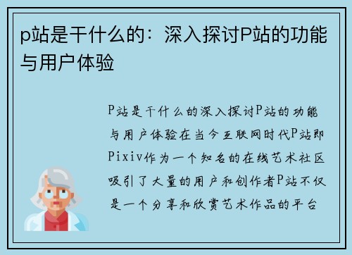 p站是干什么的：深入探讨P站的功能与用户体验