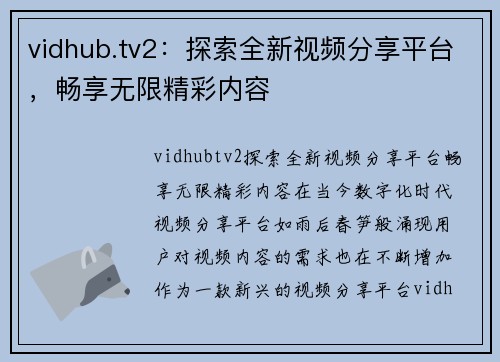 vidhub.tv2：探索全新视频分享平台，畅享无限精彩内容